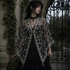 Black Sheer Mesh Poncho Shawl Swirl Print Embroidery Whimsigoth Fairycore